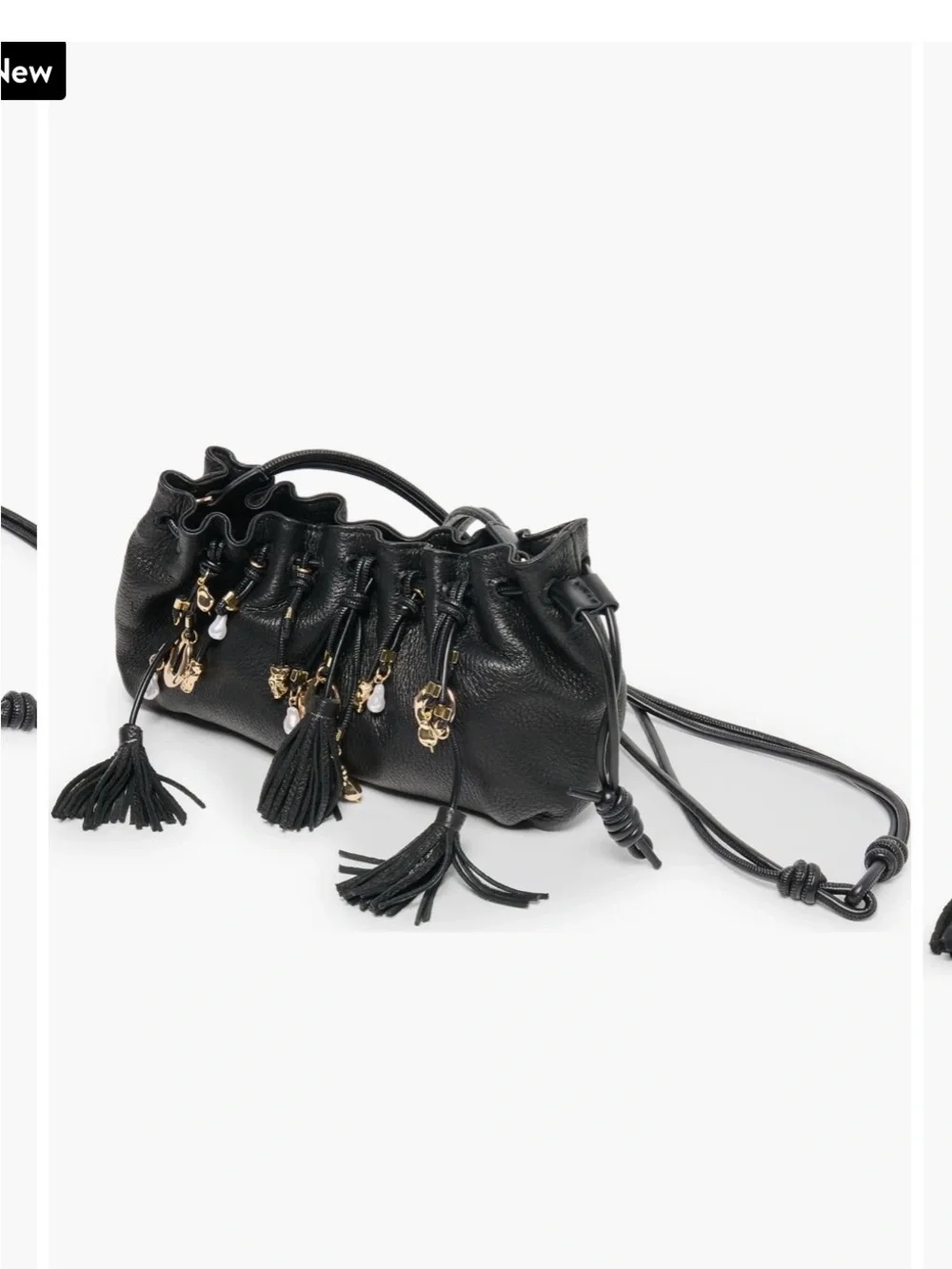 Dolce Vita Black Leather Drawstring Crossbody with Tassels & Charms